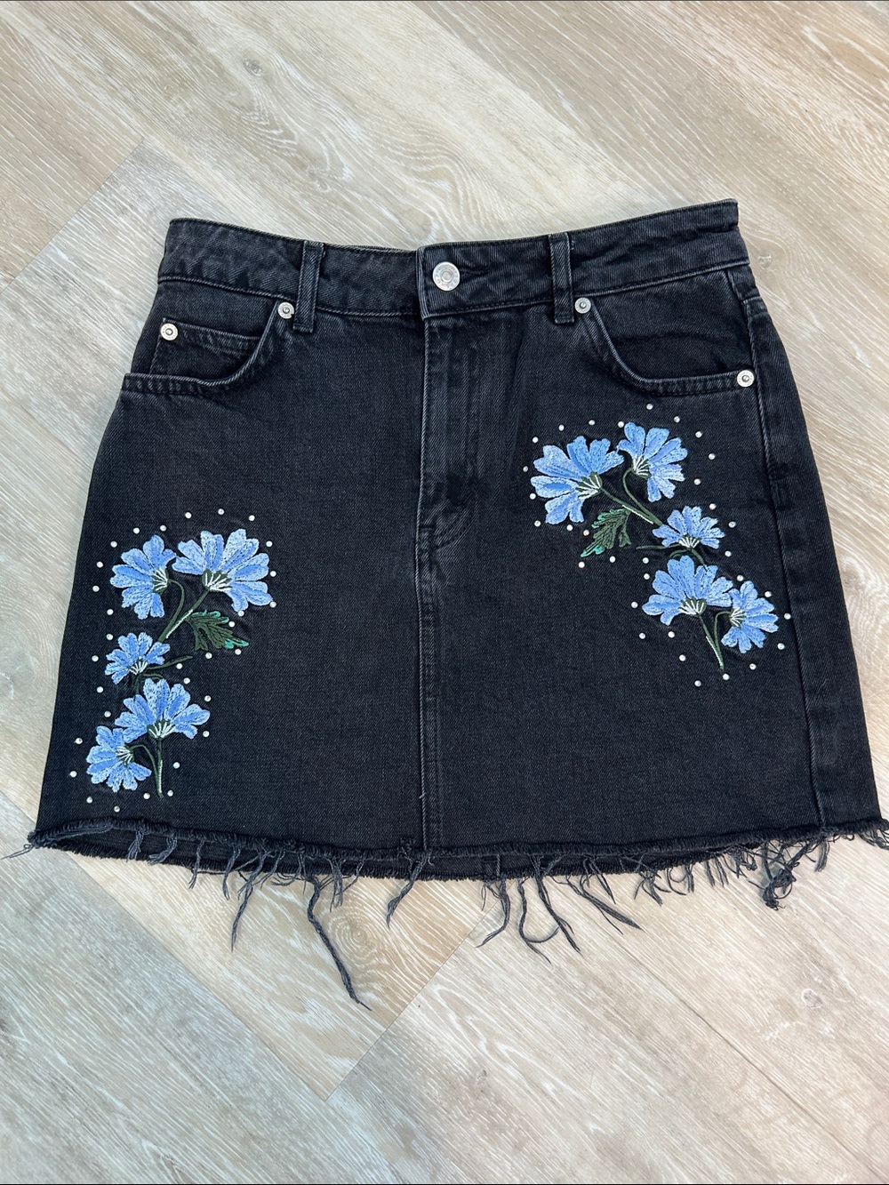 Embroidered Black Denim 15” Mini Skirt with Blue Floral Detail